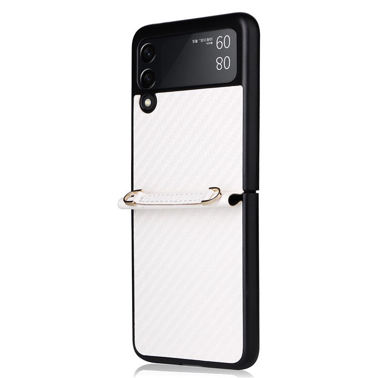 Carbon Fiber Texture One-piece Design PU Leather Coated PC Phone Case with Lanyard for Samsung Galaxy Z Flip3 5G - White