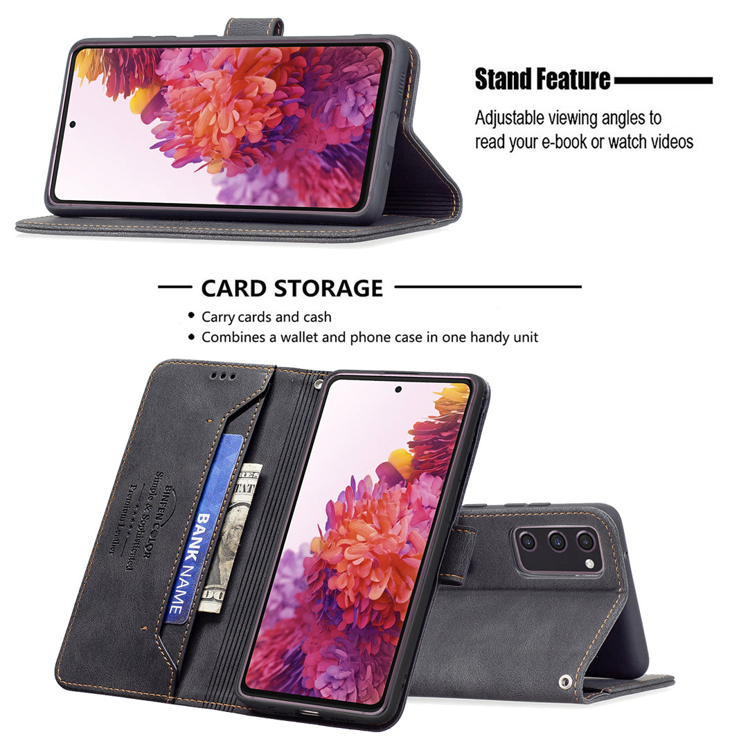 BINFEN COLOR BF09 Wallet Stand Design RFID Blocking Anti-swiping Leather Phone Case Cover for Samsung Galaxy S20 FE/S20 FE 5G/S20 Lite/S20 FE 2022 - Black