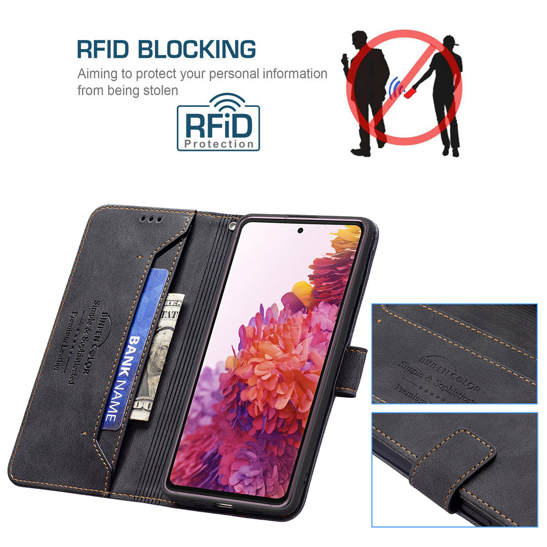 BINFEN COLOR BF09 Wallet Stand Design RFID Blocking Anti-swiping Leather Phone Case Cover for Samsung Galaxy S20 FE/S20 FE 5G/S20 Lite/S20 FE 2022 - Black