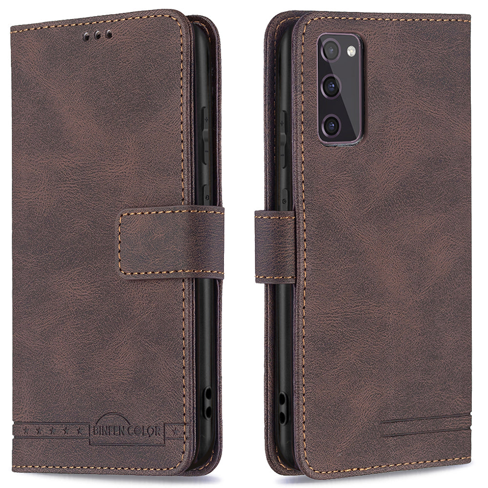 BINFEN COLOR BF09 Wallet Stand Design RFID Blocking Anti-swiping Leather Phone Case Cover for Samsung Galaxy S20 FE/S20 FE 5G/S20 Lite/S20 FE 2022 - Brown
