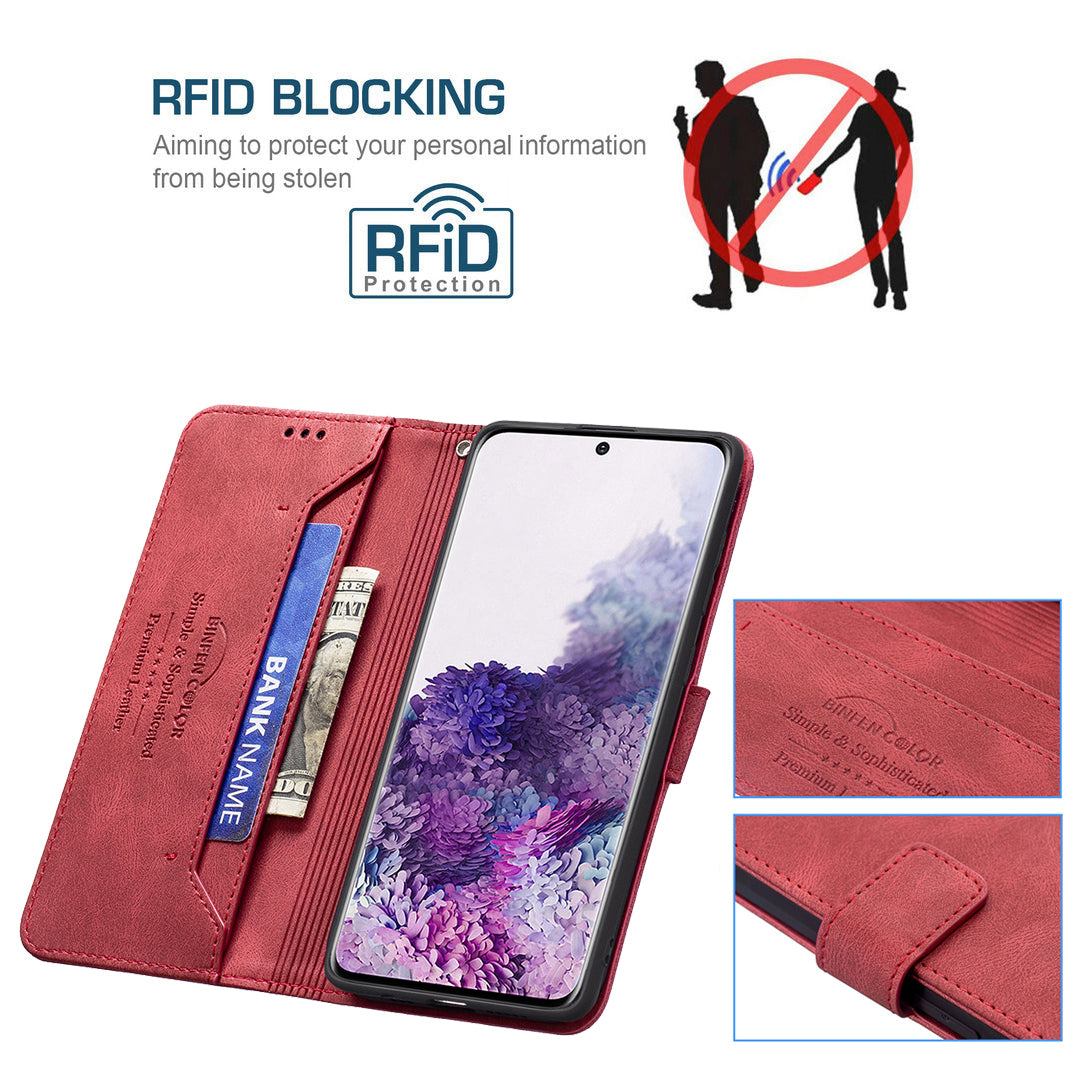 BINFEN COLOR BF09 RFID Blocking Anti-swiping Full Protection Leather Phone Wallet Case Stand Cover for Samsung Galaxy S20 4G/S20 5G - Red