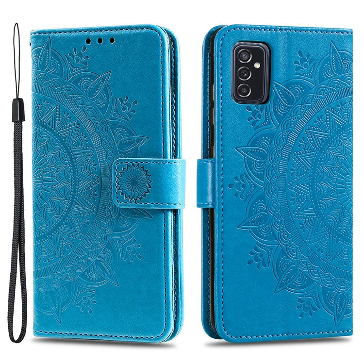 Imprinted Mandala Flower Stylish Anti-fall Wallet Stand Leather Cover Phone Shell with Handy Strap for Samsung Galaxy M52 5G - Blue