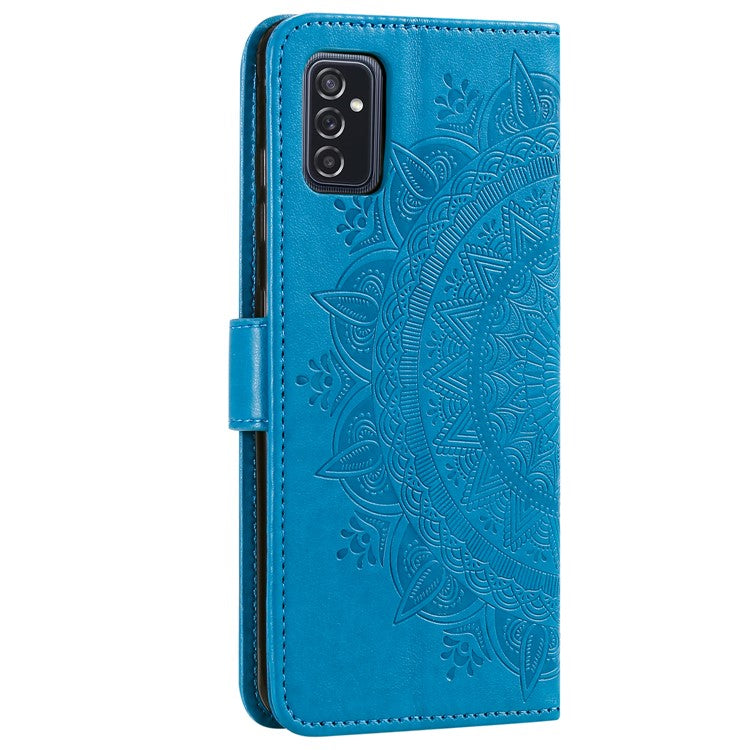 Imprinted Mandala Flower Stylish Anti-fall Wallet Stand Leather Cover Phone Shell with Handy Strap for Samsung Galaxy M52 5G - Blue