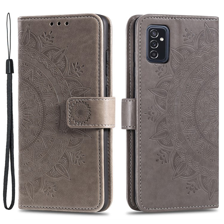 Imprinted Mandala Flower Stylish Anti-fall Wallet Stand Leather Cover Phone Shell with Handy Strap for Samsung Galaxy M52 5G - Grey