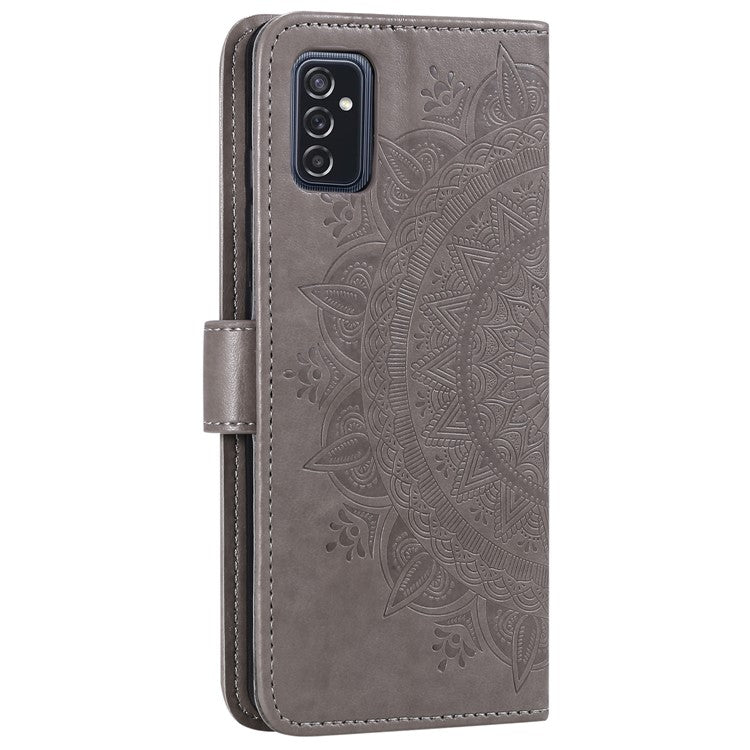 Imprinted Mandala Flower Stylish Anti-fall Wallet Stand Leather Cover Phone Shell with Handy Strap for Samsung Galaxy M52 5G - Grey
