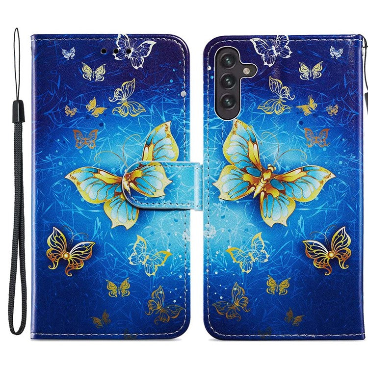 Full Body Cute Pattern Printing PU Leather Folio Stand Wallet Cover with Wrist Strap for Samsung Galaxy A13 5G / A04s 4G (164.7 x 76.7 x 9.1 mm) - Golden Butterfly