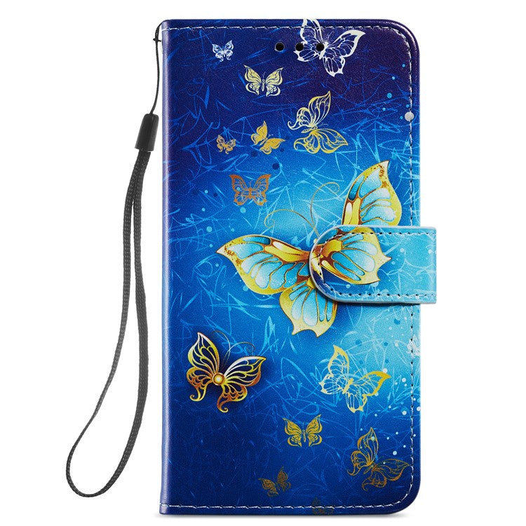 Full Body Cute Pattern Printing PU Leather Folio Stand Wallet Cover with Wrist Strap for Samsung Galaxy A13 5G / A04s 4G (164.7 x 76.7 x 9.1 mm) - Golden Butterfly