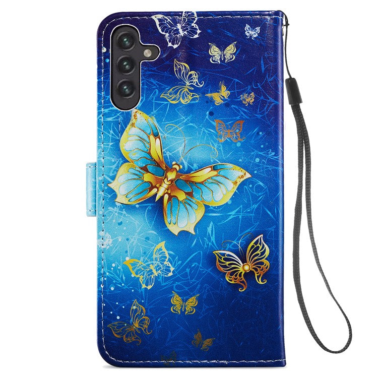 Full Body Cute Pattern Printing PU Leather Folio Stand Wallet Cover with Wrist Strap for Samsung Galaxy A13 5G / A04s 4G (164.7 x 76.7 x 9.1 mm) - Golden Butterfly