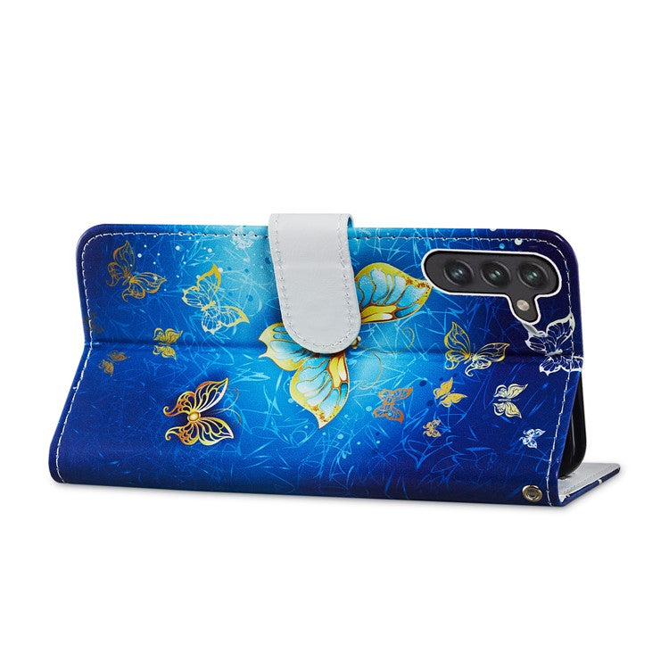 Full Body Cute Pattern Printing PU Leather Folio Stand Wallet Cover with Wrist Strap for Samsung Galaxy A13 5G / A04s 4G (164.7 x 76.7 x 9.1 mm) - Golden Butterfly