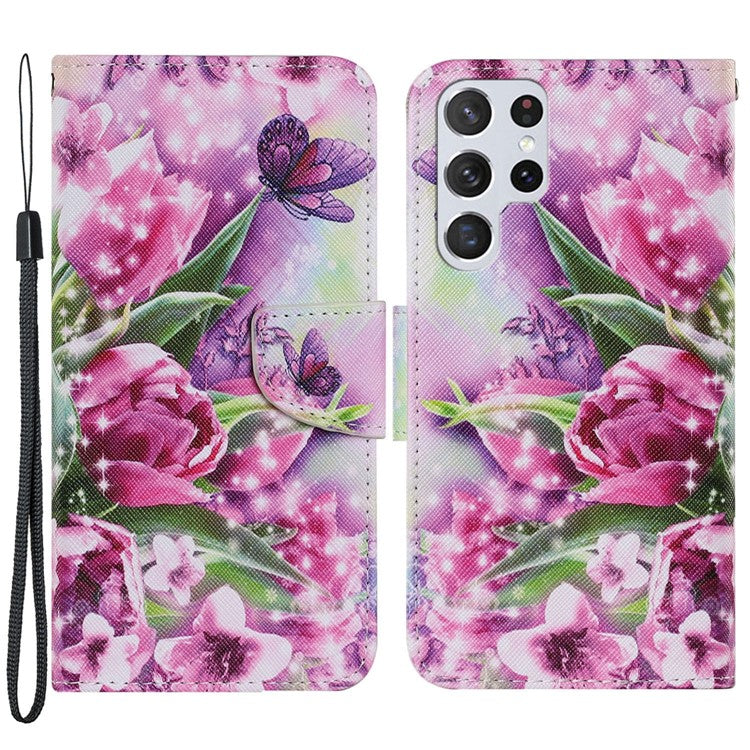 Full Protection Pattern Printing Leather Stand Wallet Case Phone Cover Protector with Wrist Strap for Samsung Galaxy S22 Ultra 5G - Rose and Butterfly