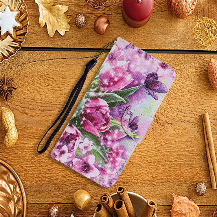 Full Protection Pattern Printing Leather Stand Wallet Case Phone Cover Protector with Wrist Strap for Samsung Galaxy S22 Ultra 5G - Rose and Butterfly