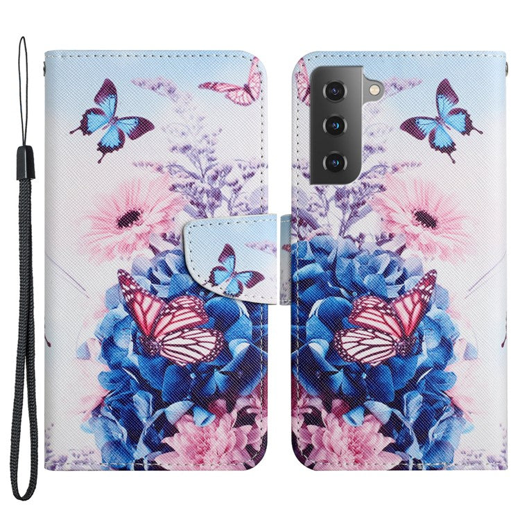 Cross Texture Pattern Printing All-round Protection Leather Phone Case Stand Wallet Shell with Hand Strap for Samsung Galaxy S22+ 5G - Purple Butterfly