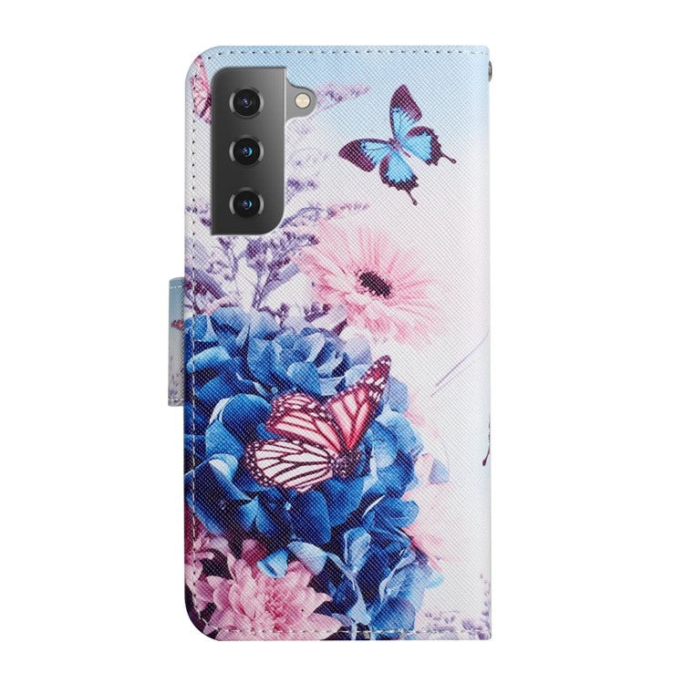 Cross Texture Pattern Printing All-round Protection Leather Phone Case Stand Wallet Shell with Hand Strap for Samsung Galaxy S22+ 5G - Purple Butterfly