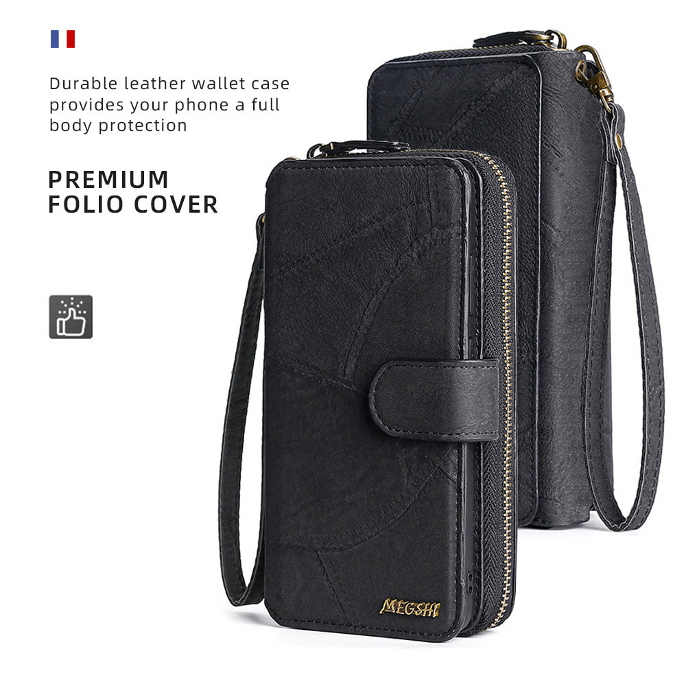 MEGSHI 004 Series For Samsung Galaxy S20 Ultra Magnetic Detachable Stand Design Zipper Pocket Shockproof PU Leather TPU Wallet Cover - Black