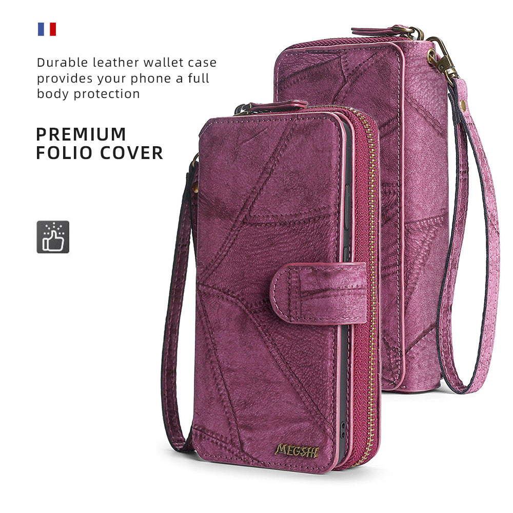 MEGSHI 004 Series For Samsung Galaxy S20 Ultra Magnetic Detachable Stand Design Zipper Pocket Shockproof PU Leather TPU Wallet Cover - Wine Red