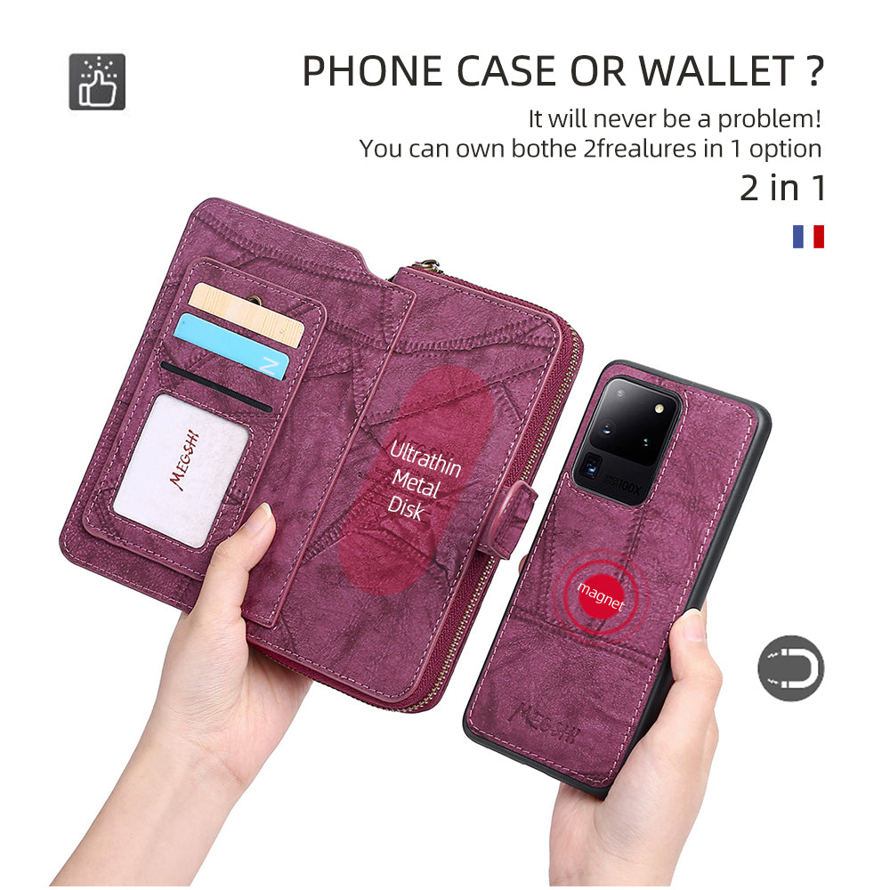 MEGSHI 004 Series For Samsung Galaxy S20 Ultra Magnetic Detachable Stand Design Zipper Pocket Shockproof PU Leather TPU Wallet Cover - Wine Red