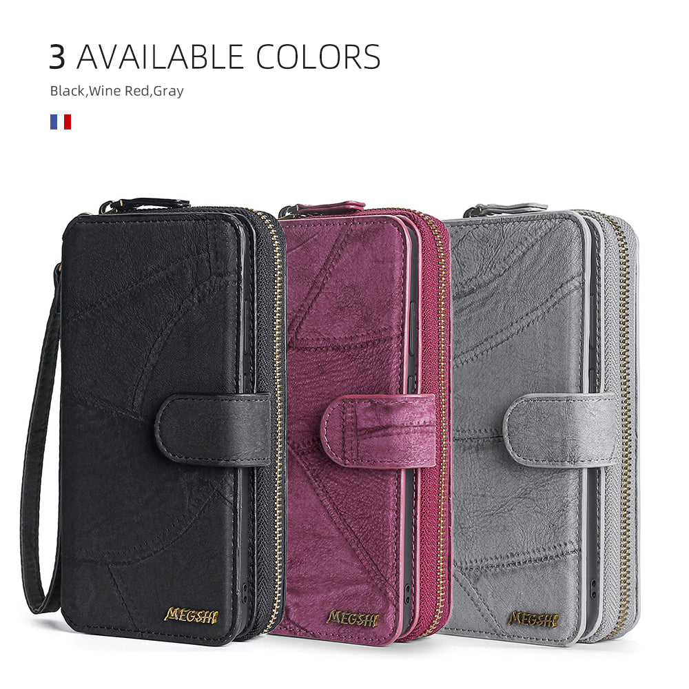 MEGSHI 004 Series For Samsung Galaxy S20 Ultra Magnetic Detachable Stand Design Zipper Pocket Shockproof PU Leather TPU Wallet Cover - Wine Red