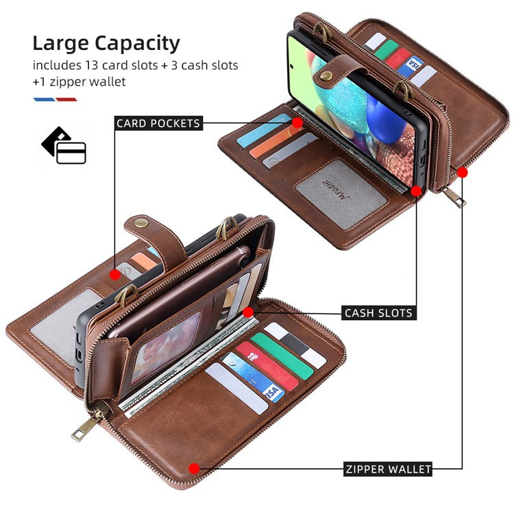 MEGSHI 020 Series Magnetic Absorption Wallet Anti-fall Detachable Design PU Leather TPU Case Shell with Long Strap for Samsung Galaxy A71 5G SM-A716 - Brown