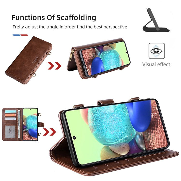 MEGSHI 020 Series Magnetic Absorption Wallet Anti-fall Detachable Design PU Leather TPU Case Shell with Long Strap for Samsung Galaxy A71 5G SM-A716 - Brown