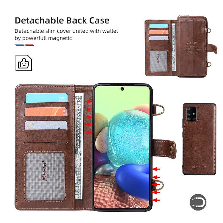 MEGSHI 020 Series Magnetic Absorption Wallet Anti-fall Detachable Design PU Leather TPU Case Shell with Long Strap for Samsung Galaxy A71 5G SM-A716 - Brown