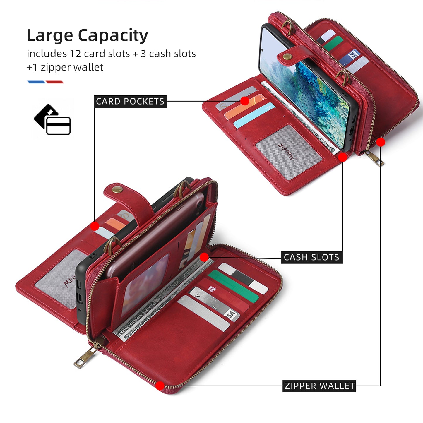 MEGSHI 020 Series Scratch-resistant Magnetic Detachable Design Shockproof PU Leather TPU Wallet Cover Shoulder Bag for Samsung Galaxy S20 FE 2022/S20 FE/S20 FE 5G/S20 Lite - Red