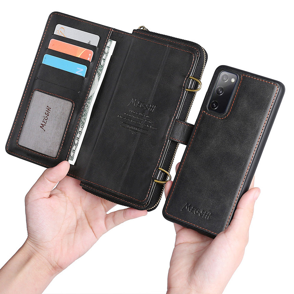 MEGSHI 020 Series Scratch-resistant Magnetic Detachable Design Shockproof PU Leather TPU Wallet Cover Shoulder Bag for Samsung Galaxy S20 FE 2022/S20 FE/S20 FE 5G/S20 Lite - Black