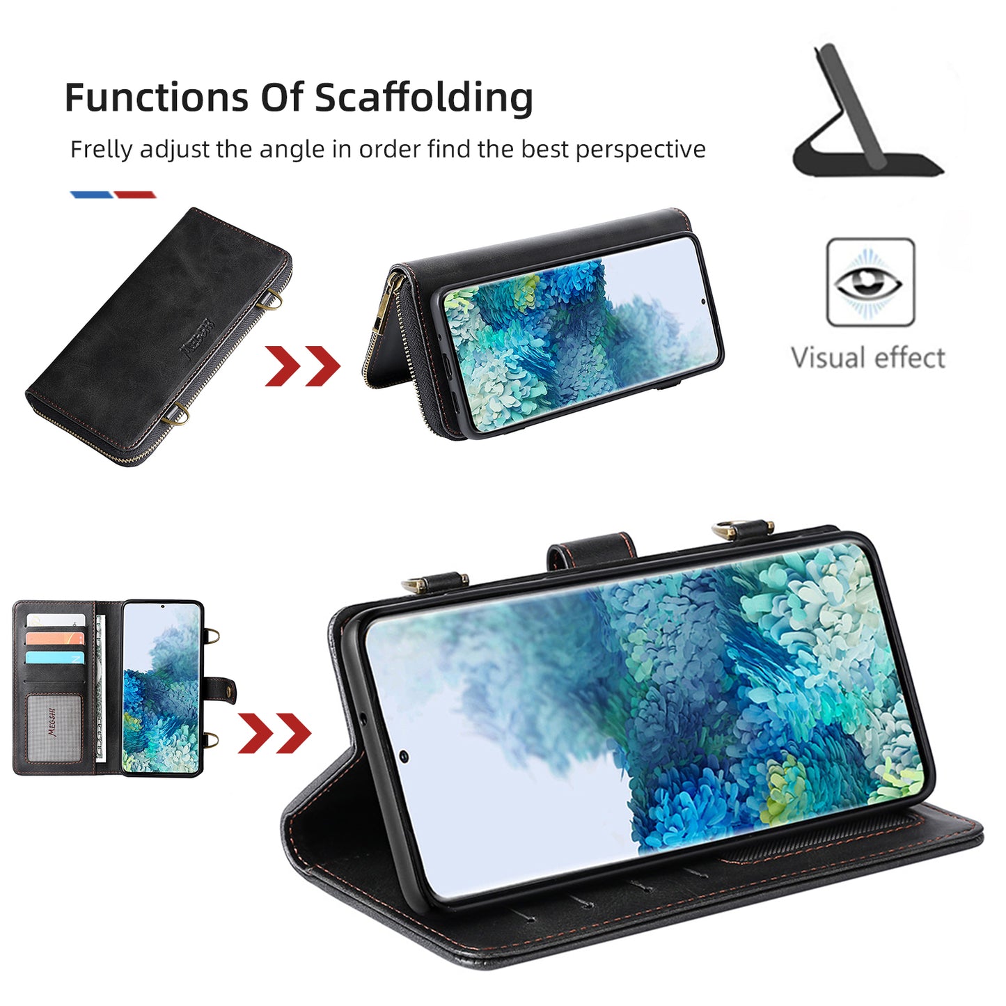 MEGSHI 020 Series Scratch-resistant Magnetic Detachable Design Shockproof PU Leather TPU Wallet Cover Shoulder Bag for Samsung Galaxy S20 FE 2022/S20 FE/S20 FE 5G/S20 Lite - Black