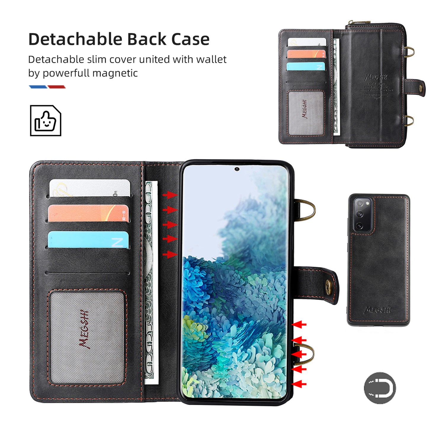 MEGSHI 020 Series Scratch-resistant Magnetic Detachable Design Shockproof PU Leather TPU Wallet Cover Shoulder Bag for Samsung Galaxy S20 FE 2022/S20 FE/S20 FE 5G/S20 Lite - Black