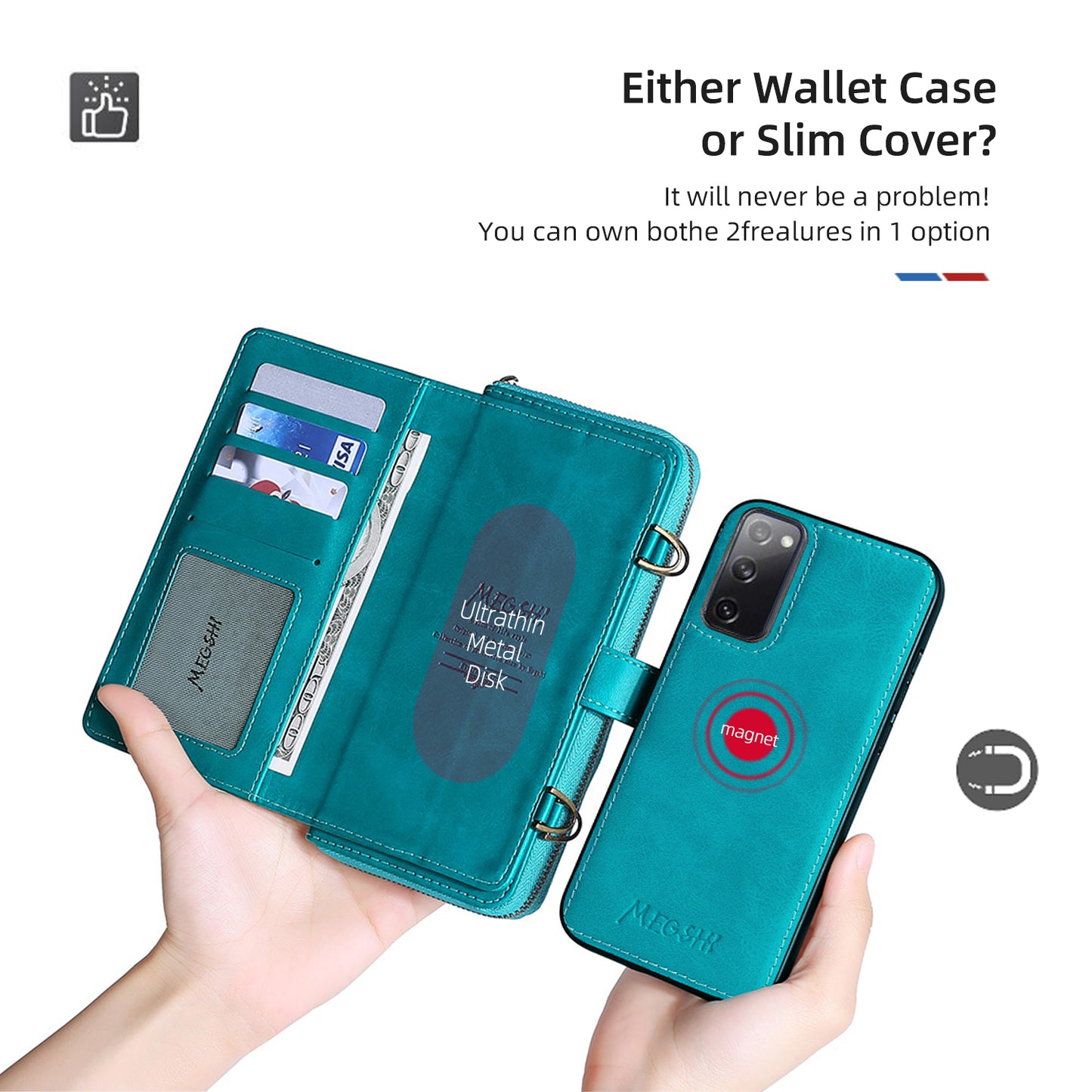 MEGSHI 020 Series Scratch-resistant Magnetic Detachable Design Shockproof PU Leather TPU Wallet Cover Shoulder Bag for Samsung Galaxy S20 FE 2022/S20 FE/S20 FE 5G/S20 Lite - Blue