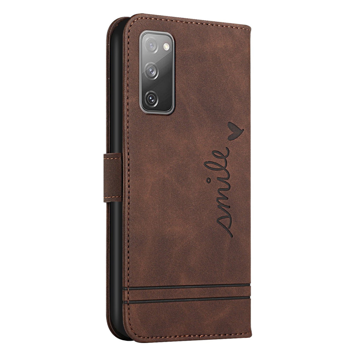003 Series Imprinted Heart Shape Pattern Skin-touch PU Leather Stand Wallet Flip Cover with Strap for Samsung Galaxy S20 FE 2022/S20 FE/S20 FE 5G/S20 Lite - Brown