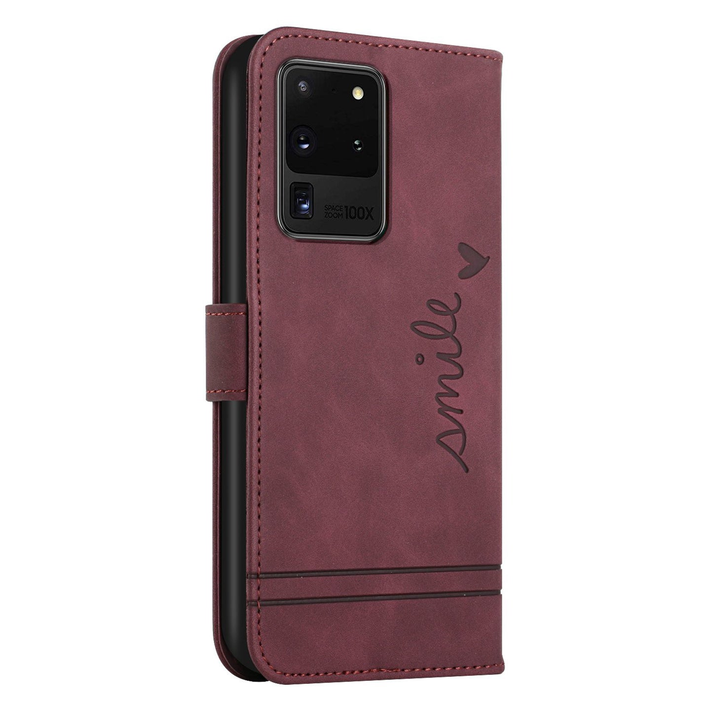 003 Series Imprinting Heart Shape Folio Flip Stand Skin-touch Leather Wallet Protective Case with Strap for Samsung Galaxy S20 Ultra - Wine Red