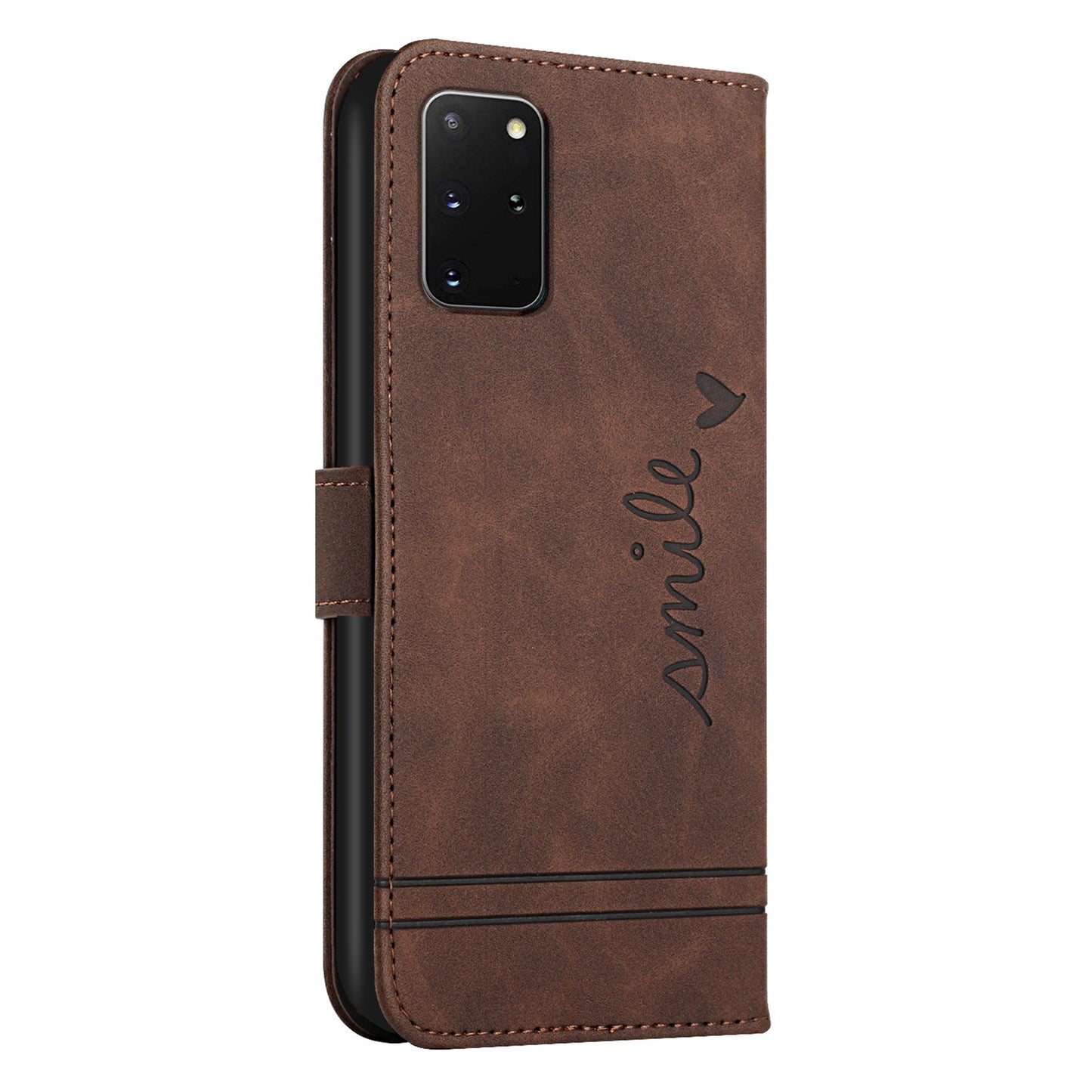 003 Series Heart Shape Imprinted Skin-touch Leather Wallet Stand Magnetic Flip Phone Cover with Strap for Samsung Galaxy S20 Plus 4G / 5G - Brown