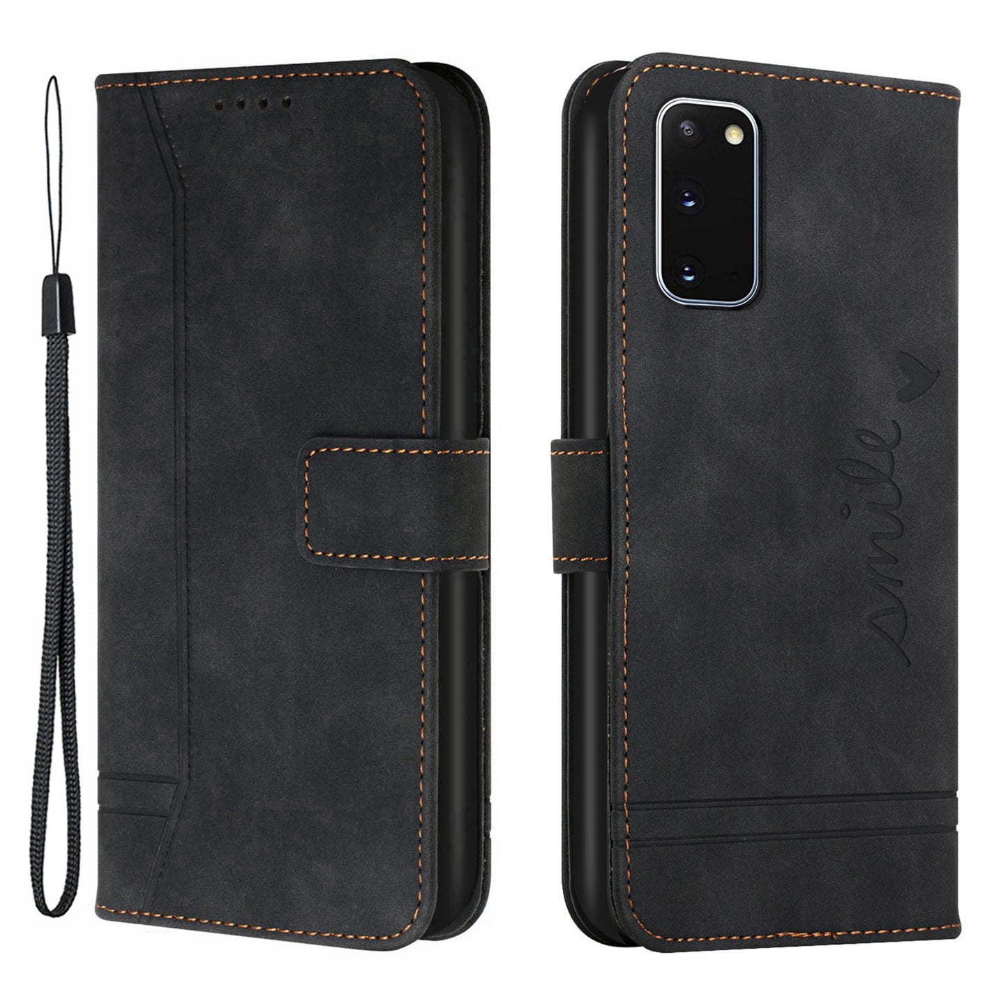 003 Series Heart Shape Imprinted Skin-touch PU Leather Wallet Stand Flip Protective Case with Strap for Samsung Galaxy S20 4G/S20 5G - Black