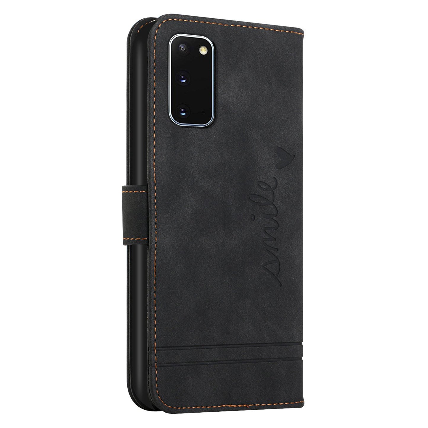 003 Series Heart Shape Imprinted Skin-touch PU Leather Wallet Stand Flip Protective Case with Strap for Samsung Galaxy S20 4G/S20 5G - Black