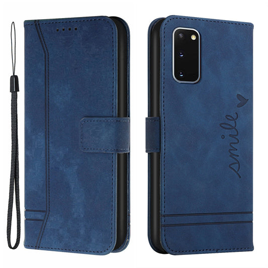 003 Series Heart Shape Imprinted Skin-touch PU Leather Wallet Stand Flip Protective Case with Strap for Samsung Galaxy S20 4G/S20 5G - Blue
