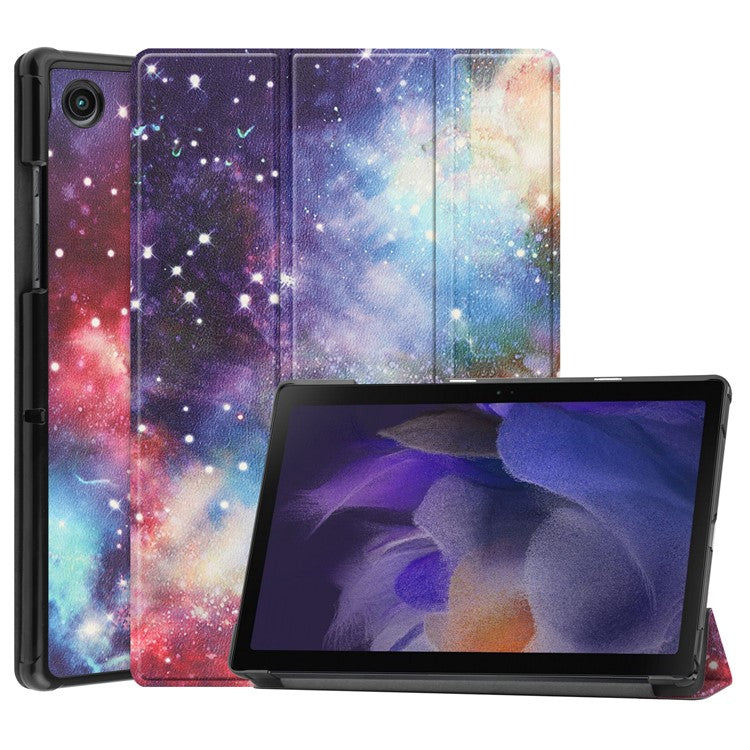 For Samsung Galaxy Tab A8 10.5 (2021) SM-X205 / SM-X200 Trifold Stand Pattern Printing Hard PC Soft PU Leather Tablet Cover - Nebula
