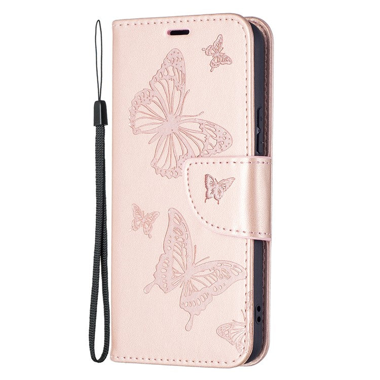 Butterfly Imprinted PU Leather Magnetic Flip Case Wallet Stand Shockproof Cover with Strap for Samsung Galaxy S22 5G - Rose Gold