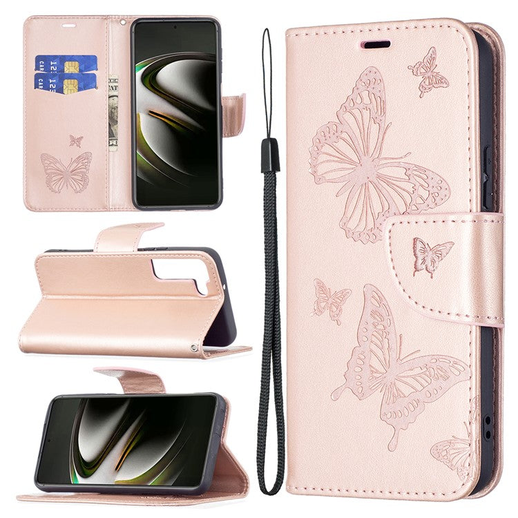 Butterfly Imprinted PU Leather Magnetic Flip Case Wallet Stand Shockproof Cover with Strap for Samsung Galaxy S22 5G - Rose Gold