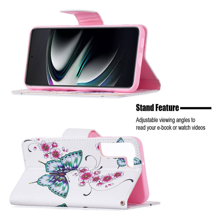 Pattern Printing PU Leather Flip Magnetic Cover Wallet Stand All-Round Protective Case for Samsung Galaxy S22+ 5G - Peach Blossom and Flower