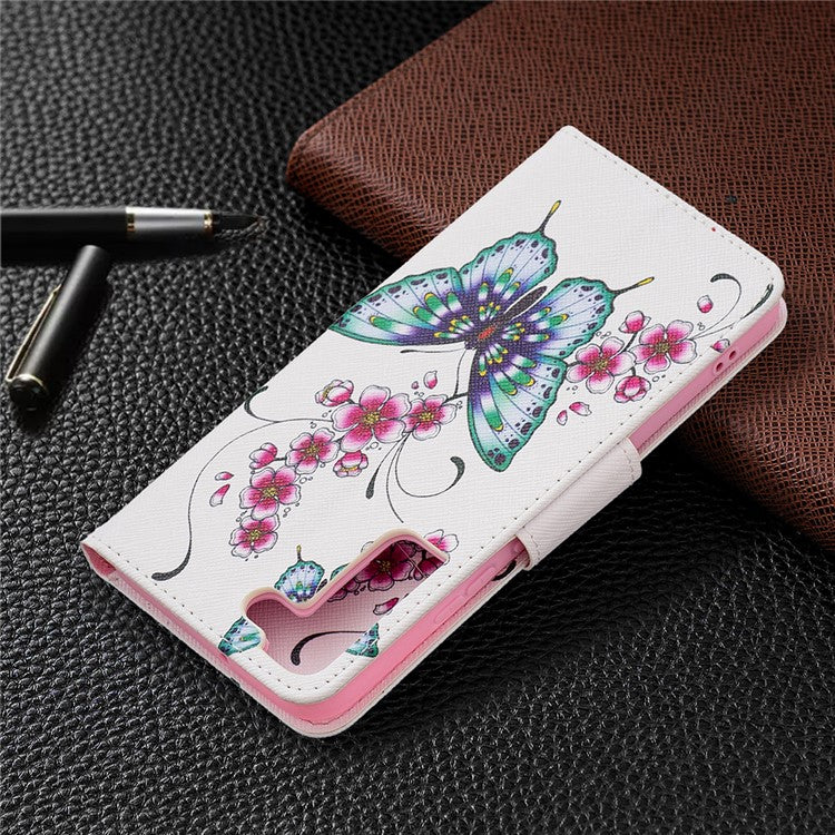 Pattern Printing PU Leather Flip Magnetic Cover Wallet Stand All-Round Protective Case for Samsung Galaxy S22+ 5G - Peach Blossom and Flower