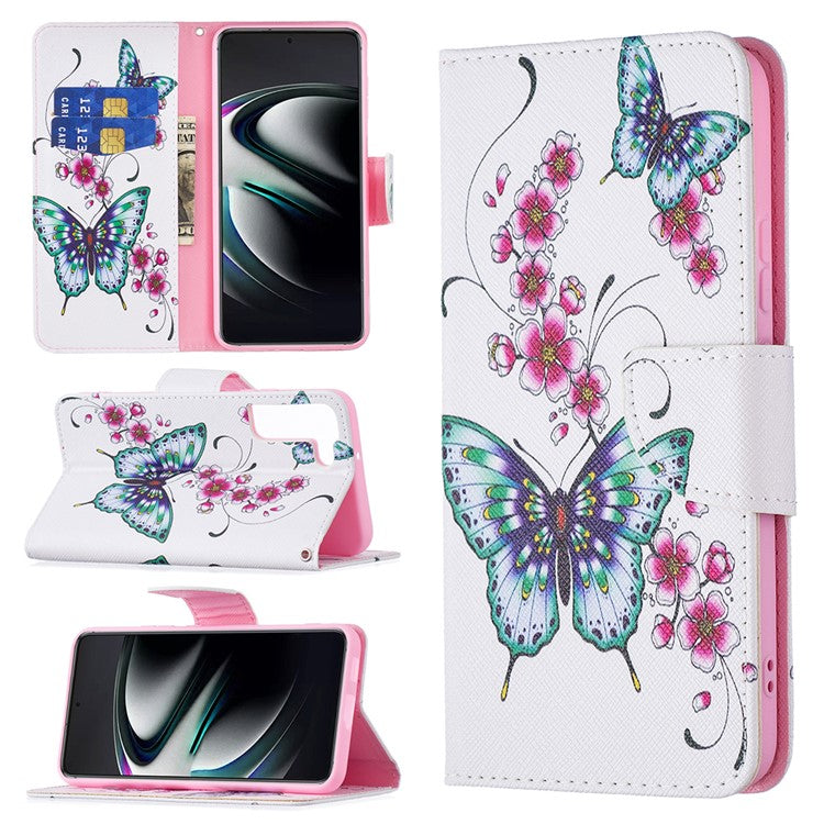 Pattern Printing PU Leather Flip Magnetic Cover Wallet Stand All-Round Protective Case for Samsung Galaxy S22+ 5G - Peach Blossom and Flower