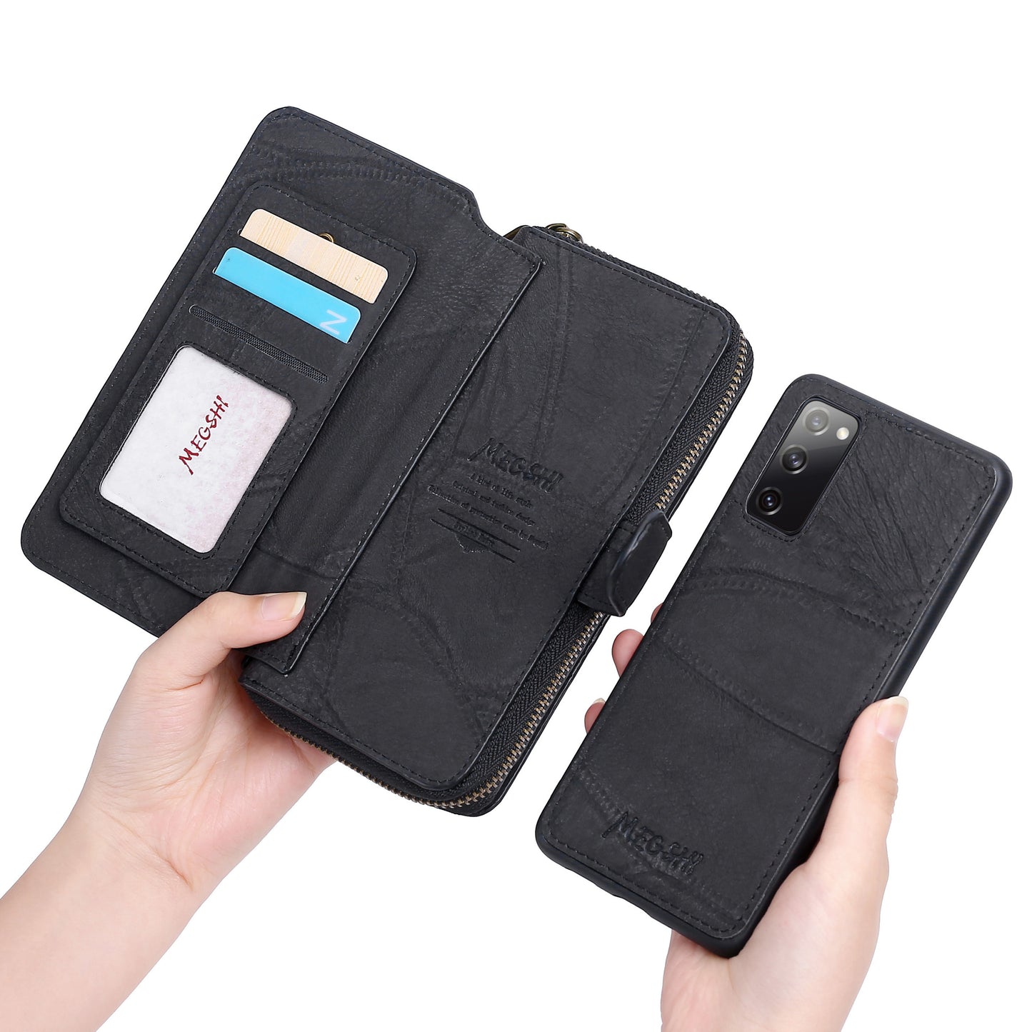 MEGSHI 004 Series 2-in-1 Detachable Magnetic PU Leather Zipper Wallet Case Stand Flip Protective Cover with Strap for Samsung Galaxy S20 FE 2022/S20 FE/S20 FE 5G/S20 Lite - Black