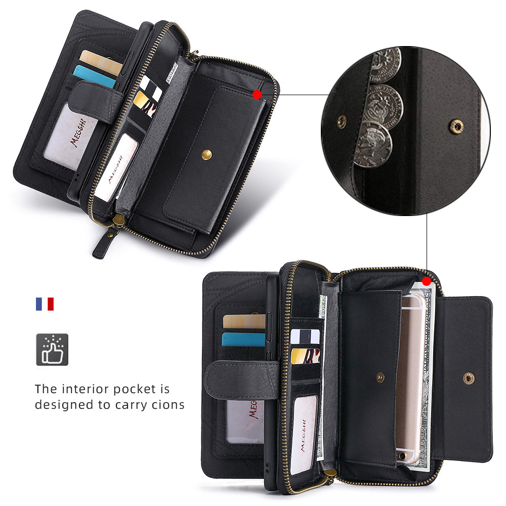 MEGSHI 004 Series 2-in-1 Detachable Magnetic PU Leather Zipper Wallet Case Stand Flip Protective Cover with Strap for Samsung Galaxy S20 FE 2022/S20 FE/S20 FE 5G/S20 Lite - Black