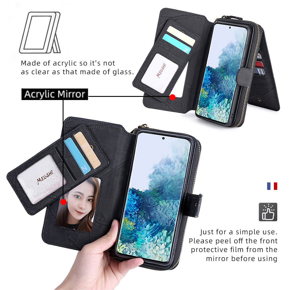 MEGSHI 004 Series 2-in-1 Detachable Magnetic PU Leather Zipper Wallet Case Stand Flip Protective Cover with Strap for Samsung Galaxy S20 FE 2022/S20 FE/S20 FE 5G/S20 Lite - Black