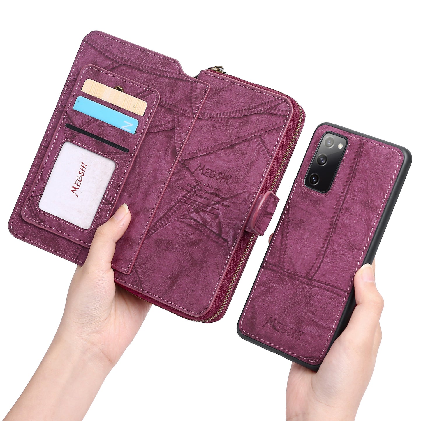 MEGSHI 004 Series 2-in-1 Detachable Magnetic PU Leather Zipper Wallet Case Stand Flip Protective Cover with Strap for Samsung Galaxy S20 FE 2022/S20 FE/S20 FE 5G/S20 Lite - Wine Red