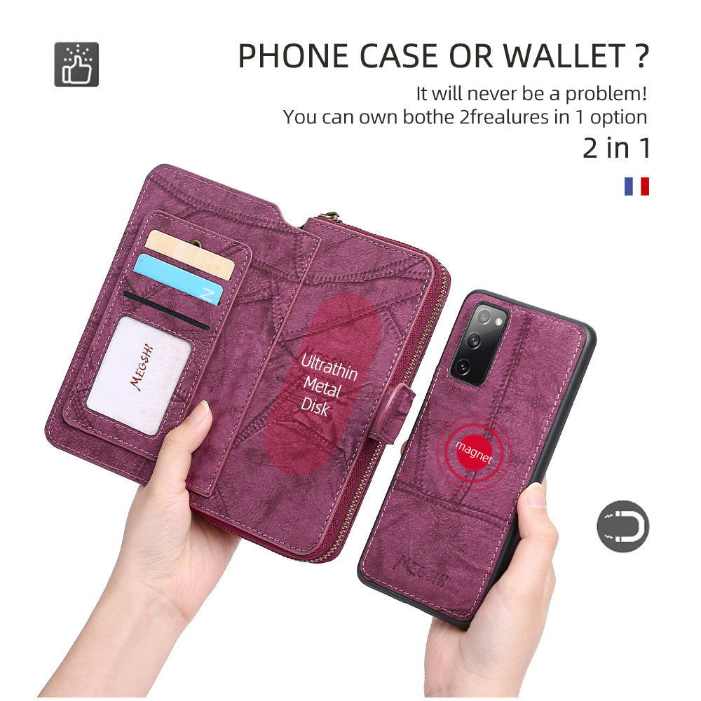 MEGSHI 004 Series 2-in-1 Detachable Magnetic PU Leather Zipper Wallet Case Stand Flip Protective Cover with Strap for Samsung Galaxy S20 FE 2022/S20 FE/S20 FE 5G/S20 Lite - Wine Red