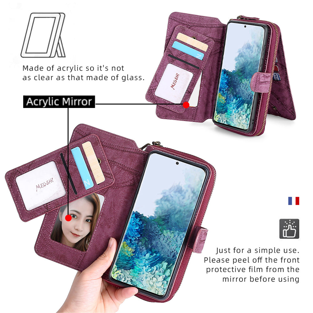 MEGSHI 004 Series 2-in-1 Detachable Magnetic PU Leather Zipper Wallet Case Stand Flip Protective Cover with Strap for Samsung Galaxy S20 FE 2022/S20 FE/S20 FE 5G/S20 Lite - Wine Red