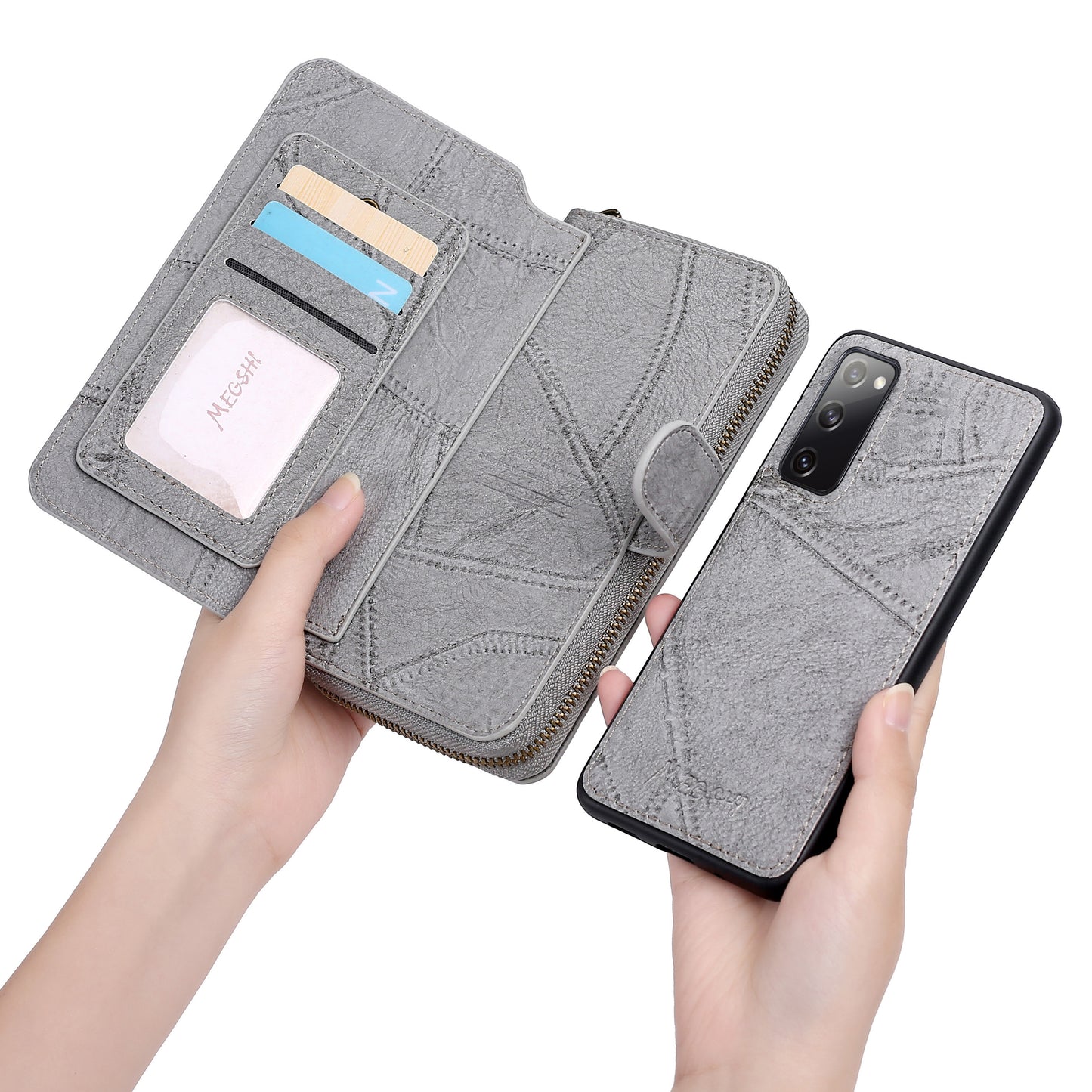 MEGSHI 004 Series 2-in-1 Detachable Magnetic PU Leather Zipper Wallet Case Stand Flip Protective Cover with Strap for Samsung Galaxy S20 FE 2022/S20 FE/S20 FE 5G/S20 Lite - Grey