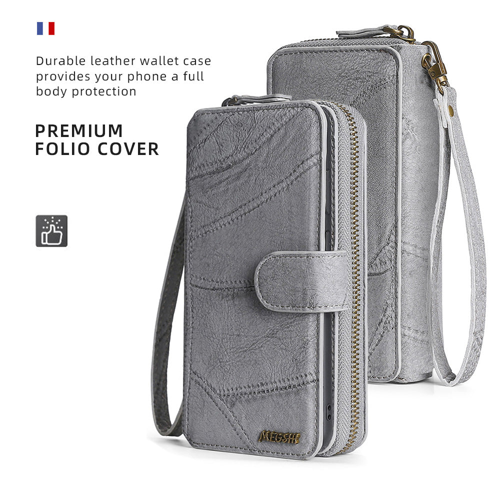 MEGSHI 004 Series 2-in-1 Detachable Magnetic PU Leather Zipper Wallet Case Stand Flip Protective Cover with Strap for Samsung Galaxy S20 FE 2022/S20 FE/S20 FE 5G/S20 Lite - Grey