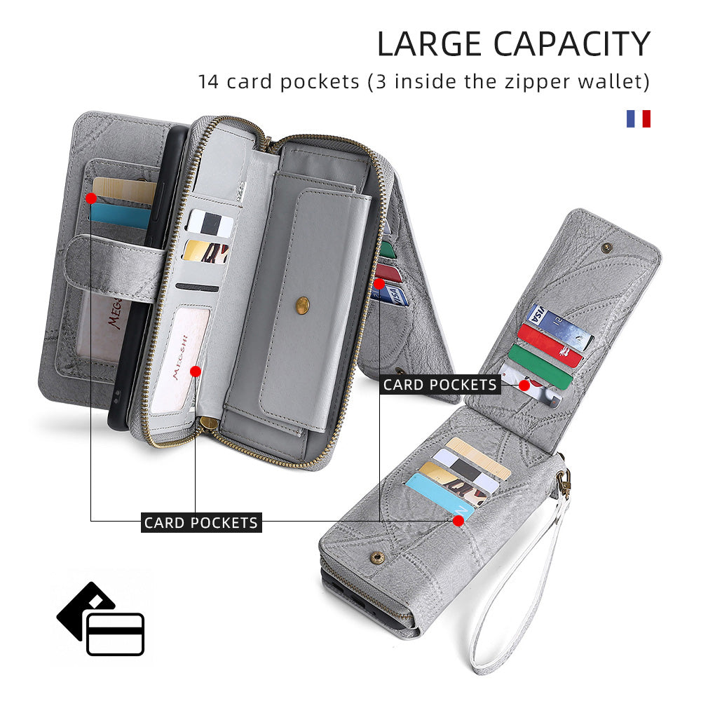MEGSHI 004 Series 2-in-1 Detachable Magnetic PU Leather Zipper Wallet Case Stand Flip Protective Cover with Strap for Samsung Galaxy S20 FE 2022/S20 FE/S20 FE 5G/S20 Lite - Grey